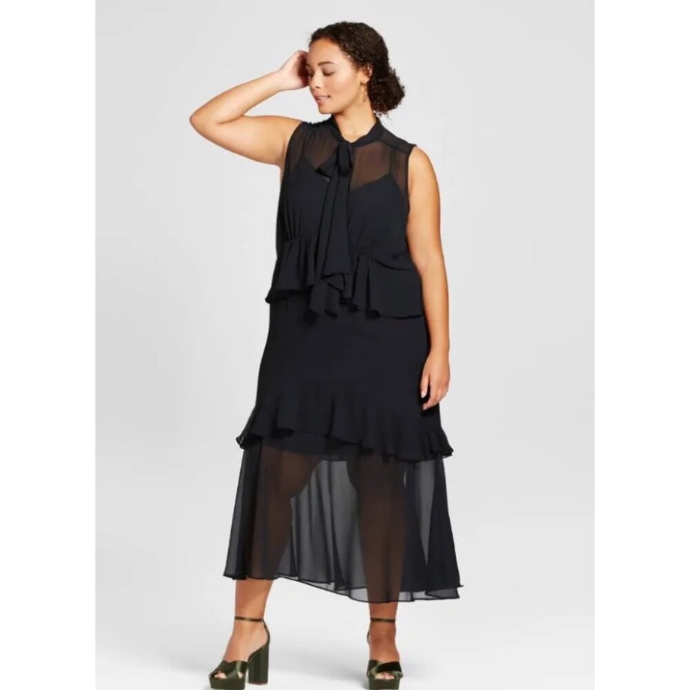Who What Wear Black Ruffled Tiered Asymmetrical Dress Chiffon Sleeveless Midi L